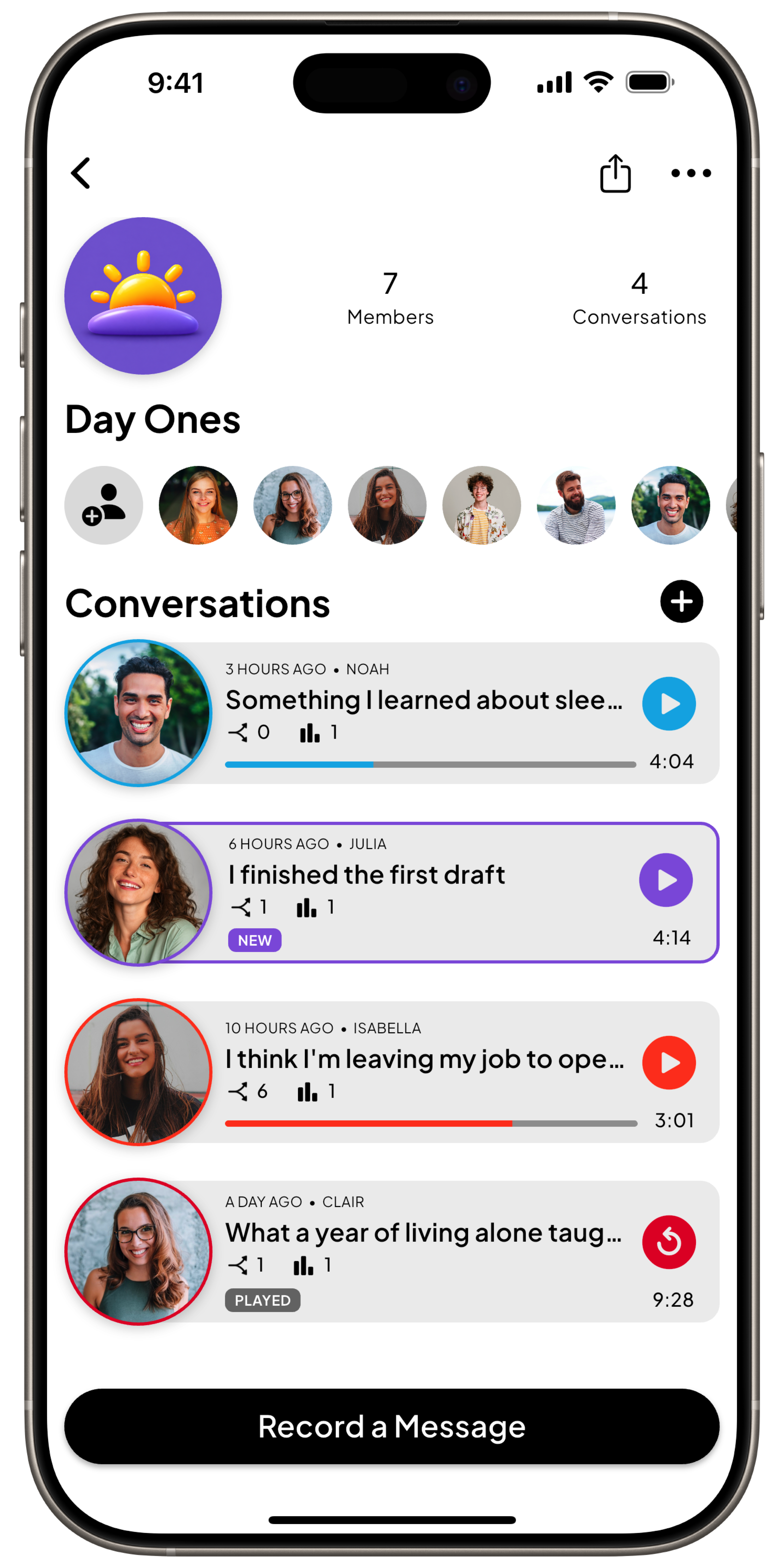 Roads app showing a private channel called 'Day Ones' with seven members and four conversations.