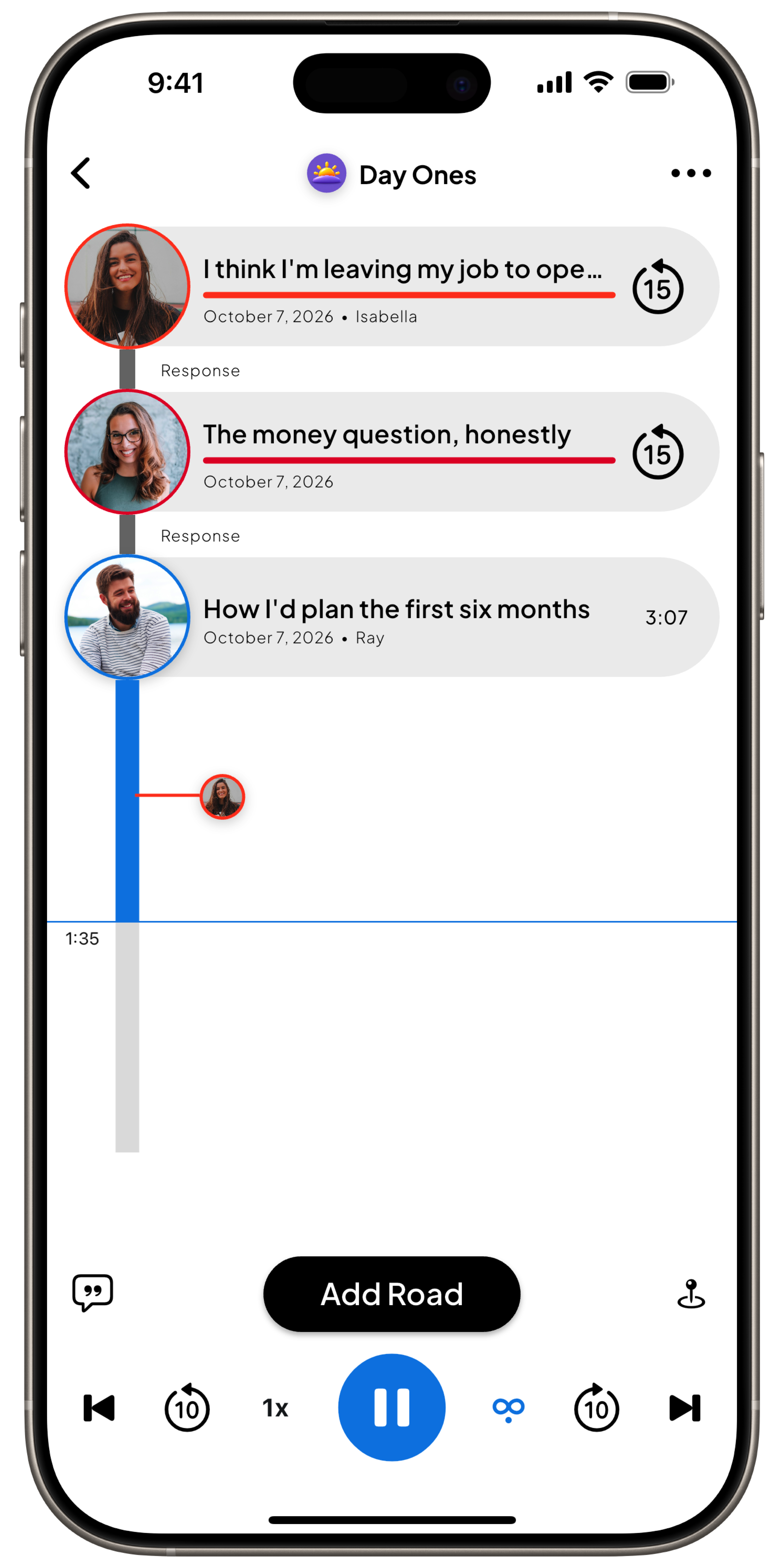Roads app playing a voice memo from Isabella, 'I think I'm leaving my job to open the studio', with voice replies from two friends.